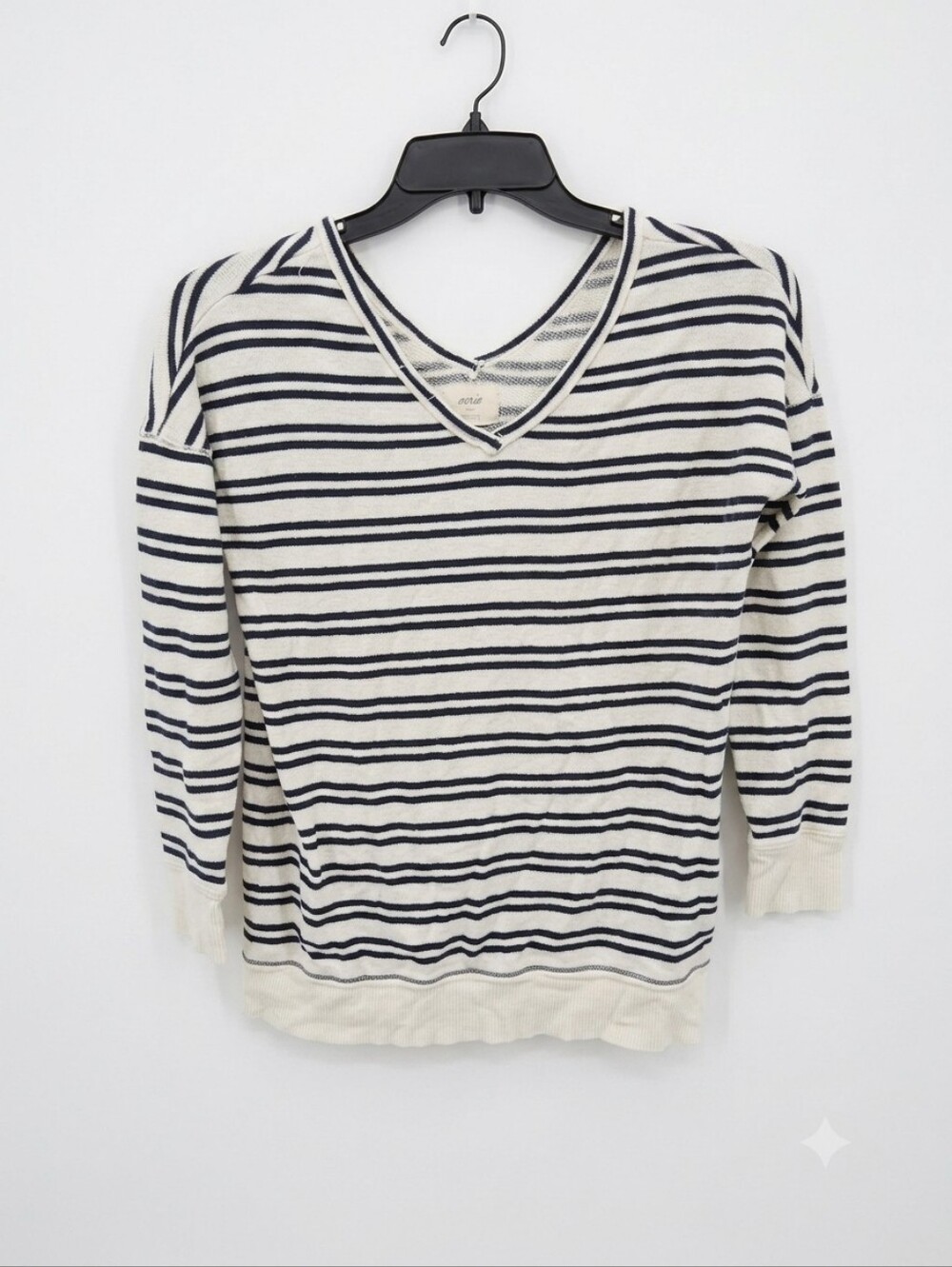 Aerie Striped French Terry V-Neck Sweatshirt Cream Navy Raw Neckline Size M